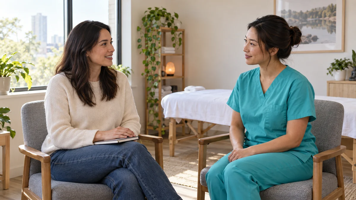 Illustrative scene of a visitor with a notebook speaking with a practitioner in a blue-green uniform
