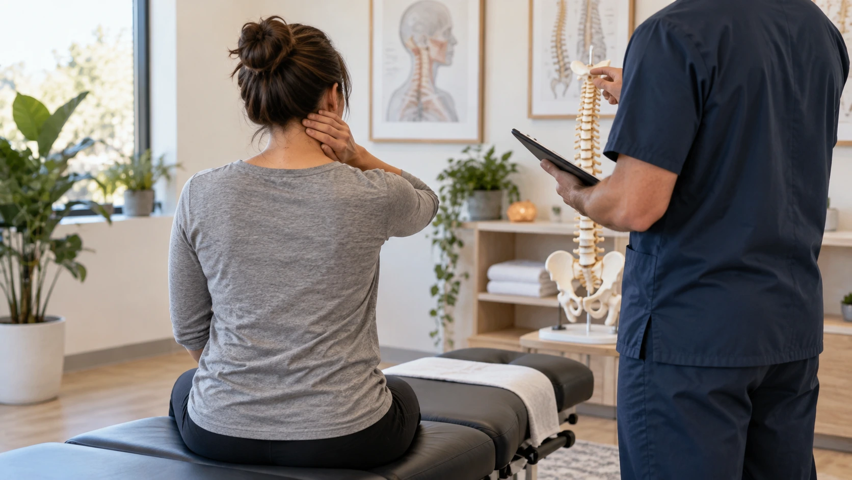 AI-generated illustration of a practitioner in blue-green scrubs discussing symptoms with a seated adult in a clinic
